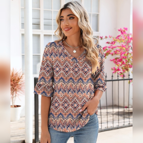 NEW LOMON V-Neck Aztex Print 3/4 Length Ruffle Sleeve Casual Tunic Top Blouse M - Picture 3 of 6